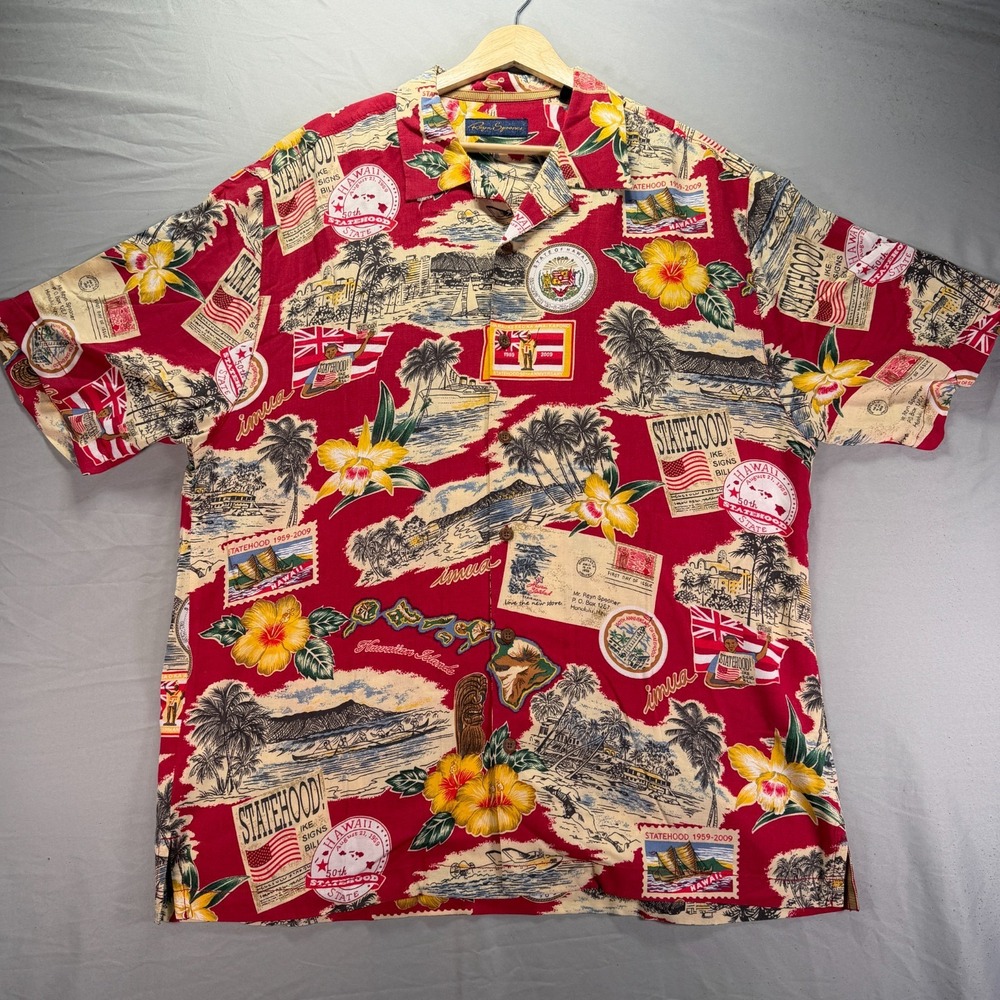 Reyn Spooner Hawaiian Shirt Mens Large Rayon Flowy Loop Collar Camp Hawaii AOP